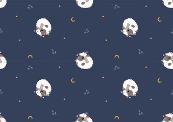 Fototapeta na wymiar cute sheep seamlees pattern, vector lamb wrapping and navy background