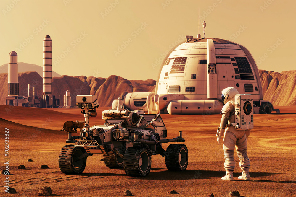 Wall mural futuristic human base on mars. mars rover and spaceman with cutting-edge design, mars bases and a ro