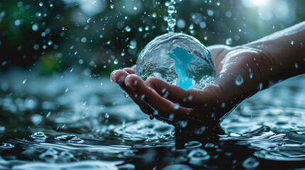 Eco-Friendly Sustainable Awareness. Water Element Concept. Earth Globe in Hand and Splashing Blue Water. Environmental Awareness Background. Mother Earth. - obrazy, fototapety, plakaty