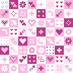 Love geometric tile pattern. Simple forms in cages, flowers, hearts, arrows, circles, cross and stars. Mosaic design. Checkered background. Grid with abstract Valentine's Day symbols. Vector art.