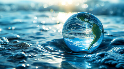 Eco-Friendly Sustainable  Awareness: Water Element Concept with Earth Globe in Splashing Blue Water. Mother Earth Environmental Awareness Background.