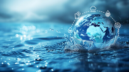 Eco-Friendly Sustainable Awareness: Water Element Concept with Earth Globe and Icons in Splashing Blue Water. Environmental Awareness Background. Mother Earth.