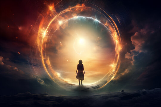 Moment of an opening portal in the sky, revealing a passage to new dimensions, man shillouette standing in the middle. Ai generated
