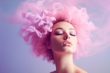 Beautiful Woman with pink smoke instead of her hair, her hair is actually smoke with pink purple colors, the woman has closed eyes and relaxed face, flat pastel color background. Ai generated