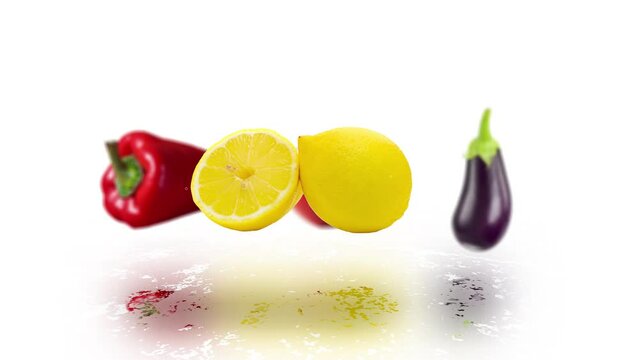Motion animation of lemon, red pepper, eggplant and tomato on white background. Sales show of fruits, vegetables and foods.