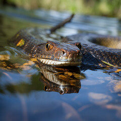 a cottonmouth snake in water.