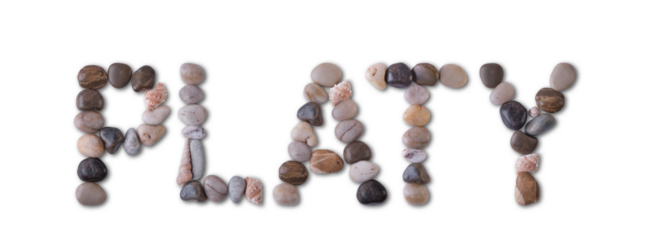 The word "PLATY" is lined with shells and stones of different shapes and colors on a transparent background. Types of fish and seafood, price tag, sea food, fish market, sea alphabet