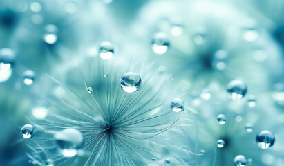 Closeup beautiful dew drops water on fluffy dandelion flower plant.clean and pure concepts.natural and environment.