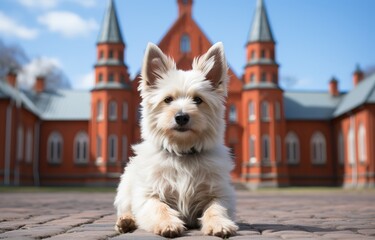 cute white dog  lay down  on outdoor city street with ancient church view, Generative Ai