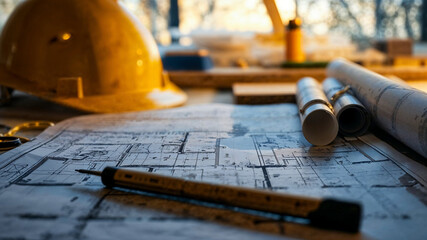 Construction in progress. House or building drawing blueprints with a helmet for worker's protection.