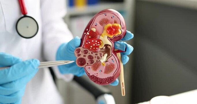 Surgery of kidneys and adrenal glands is medical surgical intervention. Doctor holds kidney anatomy model in hand