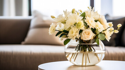 Bouquet de roses blanches sur la table basse du salon