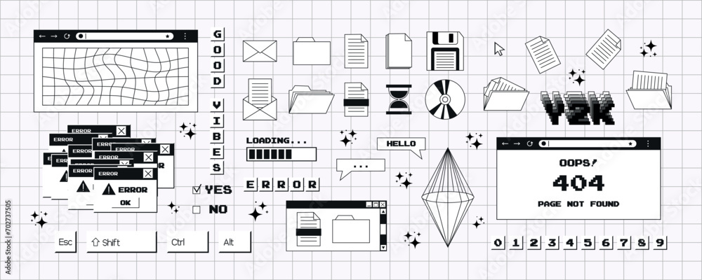 Fototapete big set of stickers in a trendy y2k style in a monochrome palette. old computer aesthetics from the 