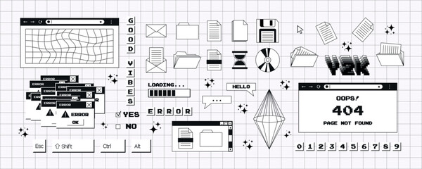Big set of stickers in a trendy y2k style in a monochrome palette. Old computer aesthetics from the 90s, 00s. Retro PC elements, user interface. Vector design elements for scrapbooking