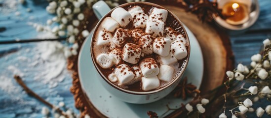 Top view of a cup with hot chocolate and marshmallows. - Powered by Adobe