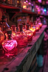 Alchemist's Romance: Heart-Shaped Potion Vials, AI-Generated Art, Made with Generative AI (Midjourney)