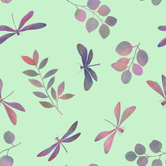 abstract colorful drawing of dragonflies on a green background drawn in watercolor for design