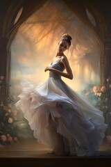A mesmerizing portrayal of a lady in a ballet dress, her hair elegantly braided and makeup delicately applied, set against the ethereal backdrop of a studio.