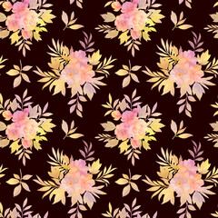 Seamless floral pattern with flowers and leaves, watercolor illustration. Template design for wrapping paper, textiles, wallpaper, interior, clothes, postcards.