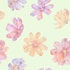 delicate flowers on a gentle green background, seamless pattern,