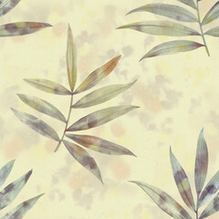 seamless botanical pattern, leaves drawn in watercolor. green branches with leaves on an abstract background