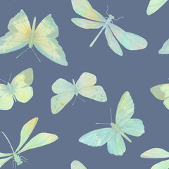 seamless pattern of delicate butterflies and dragonflies on a blue background