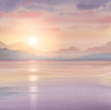 Watercolor landscape with mountains against the backdrop of the setting sun reflecting in the sea. Abstract sea background. Graphic illustration of sunset and sea.