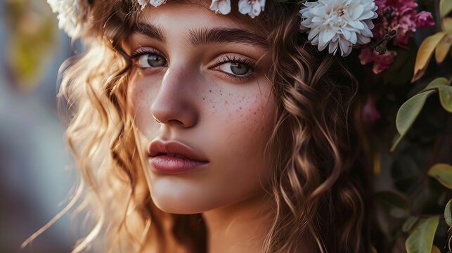 pretty woman close up fashion portrait in Bohemian Boho Chic style, charming and enigmatic dreamlike atmosphere, Generative Ai