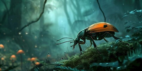 3D illustration of a orange beetle in a dark green forest. - obrazy, fototapety, plakaty