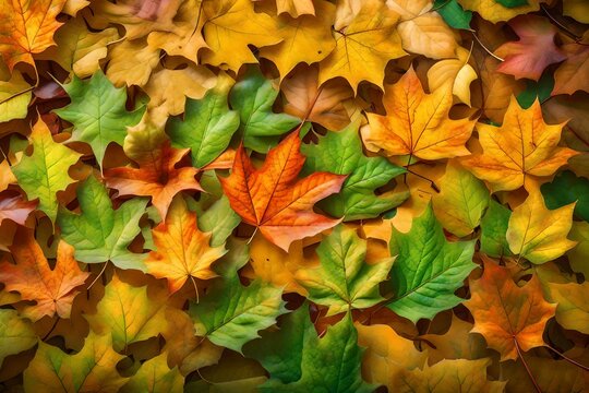 The background image that is green, the colors of the autumn leaves are perfect, suitable for seasonal use