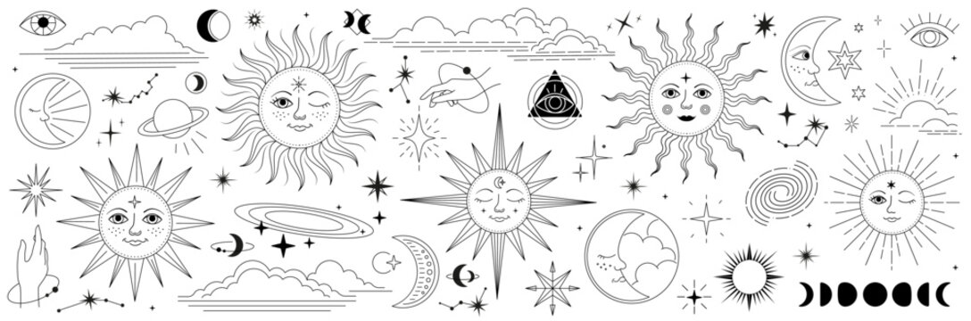 Set of constellations and esoteric symbols. Alchemy mystical magic elements for prints, posters