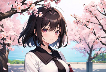 桜 制服 可愛い女の子　イラスト｜Generative AI