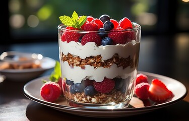 closeup a cup of granola with mix berries and yogurt, healthy morning meal breakfast, Generative Ai  - Powered by Adobe