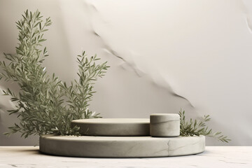 Stone Podium with Olive Branches. Natural Organic Spa Concept