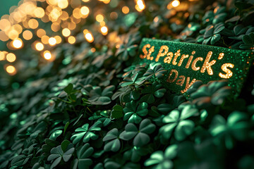 St. Patrick's Day background with green clover leaves and bokeh lights ai generated art - obrazy, fototapety, plakaty