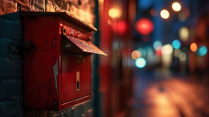 vintage red mailbox with cityscape blur background, Generative Ai	
 - obrazy, fototapety, plakaty