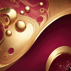 Gold Luxury swirls waves on Maroon background. Shiny golden sparkling water droplets backdrop