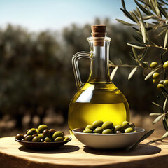 a jug of olive oil on the background of olive trees