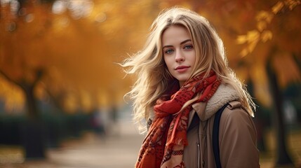 Young beautiful blonde model woman walking in a park with a coat and scarf. Blurry leaves falling from trees blurry background.