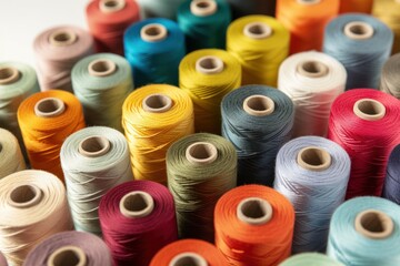 Display of multicolored thread spools, ideal for diverse needlework projects, showcasing a comprehensive selection for sewing enthusiasts.