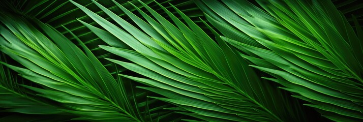 Close-up of the green, angular, pointed leaves of a sago palm. Geometric, green, abstract plant background. - obrazy, fototapety, plakaty