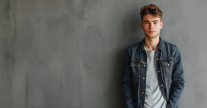 Young man or teenager in casual jeans look stands in front of a neutral gray wall and looks into the camera - topic education or school 
