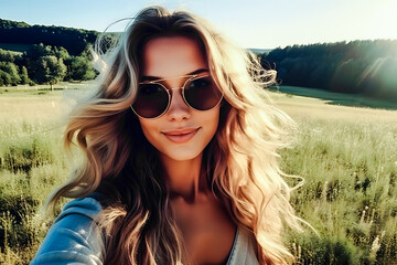 Jeune femme avec des lunettes de soleil prenant un selfie dans la campagne - obrazy, fototapety, plakaty
