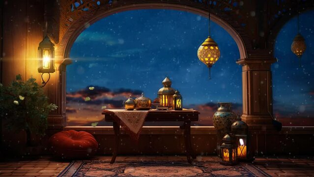 ramadan night in the balcony with lantern and moon. seamless looping time-lapse virtual 4k video animation background.