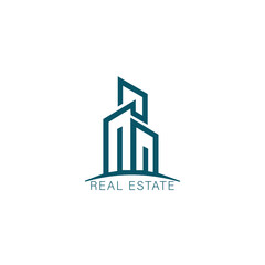 Real estate logo design template. Perspective view of buildings. Residence logo Construction logo. Skyscraper logo. Rental. Business. Branding.