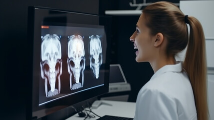 Female doctor shows the patient an x-ray image at monitor