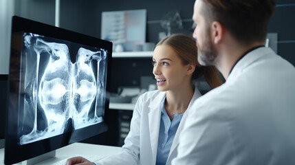 Female doctor shows the patient an x-ray image at display monitor