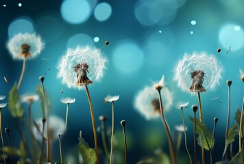 beautiful floral background with white fluffy dandelions on blue. defocused light, bokeh.
