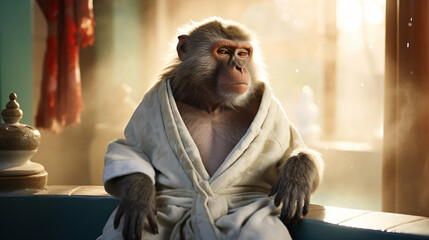 A monkey in a bathrobe relaxes in a spa - obrazy, fototapety, plakaty