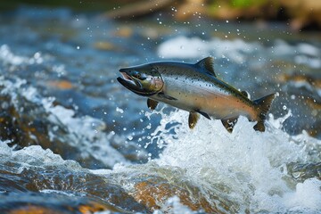 Salmon jumping up from water.